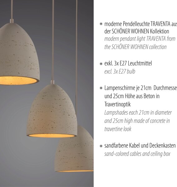 Schöner Wohnen 12541-42 - Závesné svietidlo TRAVENTA na lankách 3xE27/40W/230V betón