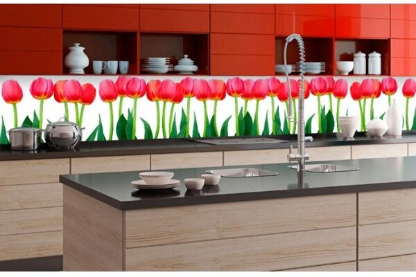 DIMEX | Fototapeta do kuchyne Tulipány KI-350-058 | 350 x 60 cm | zelená, červená