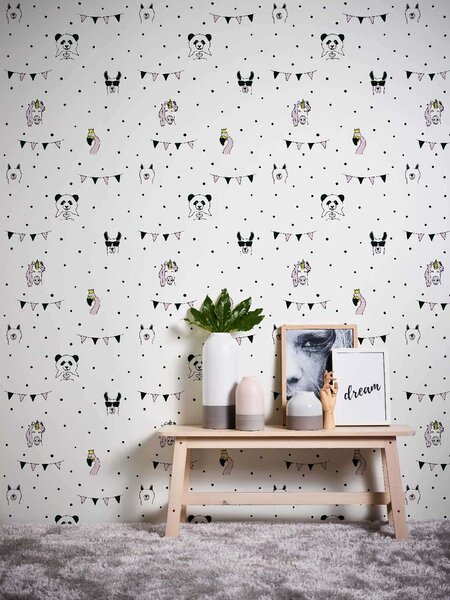 A.S. Création | Vliesová tapeta na stenu Little Love 38138-1 | 0,53 x 10,05 m | biela, čierna, ružová