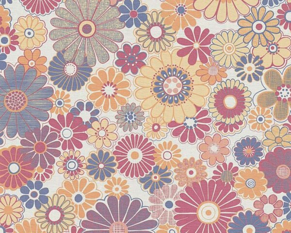 A.S. Création | Vliesová tapeta na stenu Retro Chic 39535-4 | 0,53 x 8,5 m | krémová, žltá, červená, modrá, oranžová, viacfarebná
