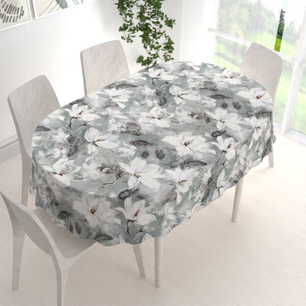 Biante Zamatový oválny obrus Tamara TMR-016 Designové kvetiny na sivozelenom 100x140 cm