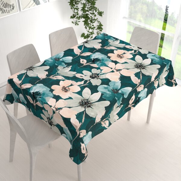 Biante Zamatový obdĺžnikový obrus Tamara TMR-027 Veľké kvety na tmavo zelenom 50x100 cm