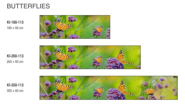 DIMEX | Fototapeta do kuchyne Motýle KI-260-113 | 260 x 60 cm | zelená, fialová, oranžová