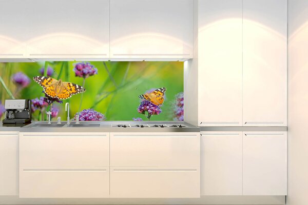 DIMEX | Fototapeta do kuchyne Motýle KI-180-113 | 180 x 60 cm | zelená, fialová, oranžová