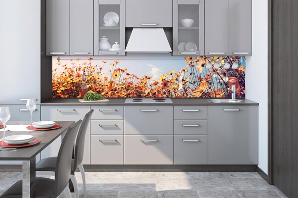 DIMEX | Fototapeta do kuchyne Jarná lúka KI-260-123 | 260 x 60 cm | modrá, žltá, oranžová