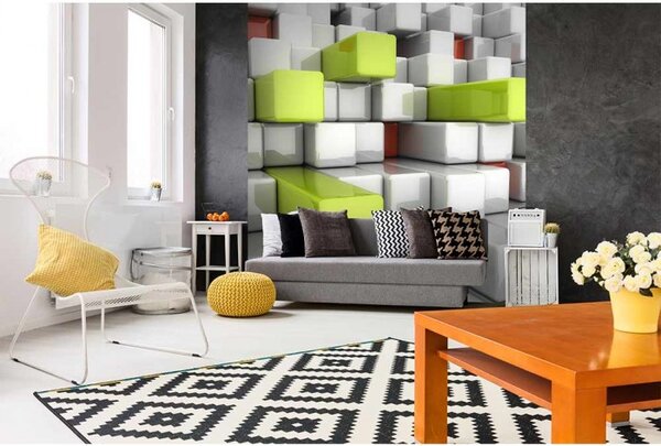 DIMEX | Vliesová fototapeta na stenu 3D kocky MS-3-0286 | 225 x 250 cm | biela, šedá, zelená, červená