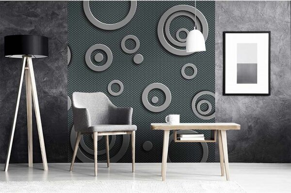 DIMEX | Vliesová fototapeta na stenu 3D kovové kruhy MS-3-0302 | 225 x 250 cm | šedá
