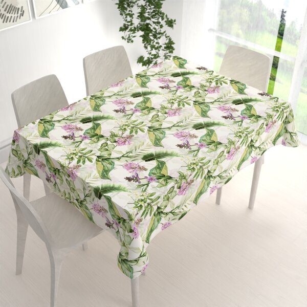 Biante Zamatový obdĺžnikový obrus Tamara TMR-035 Fialové zvončeky s listami na bielom 50x100 cm