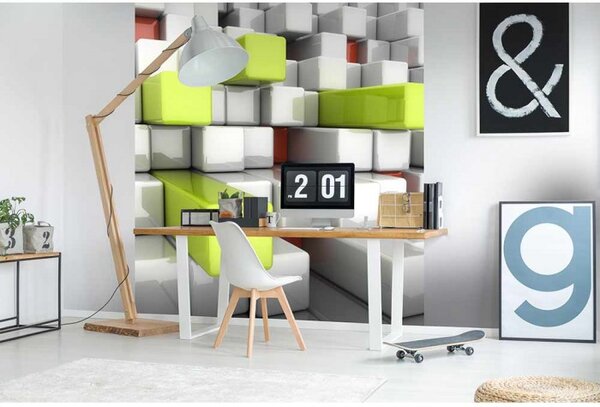 DIMEX | Vliesová fototapeta na stenu 3D kocky MS-3-0286 | 225 x 250 cm | biela, šedá, zelená, červená