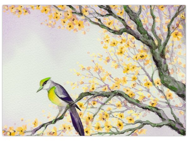 Obraz - Akvarelový vtáčik na strome (70x50 cm)