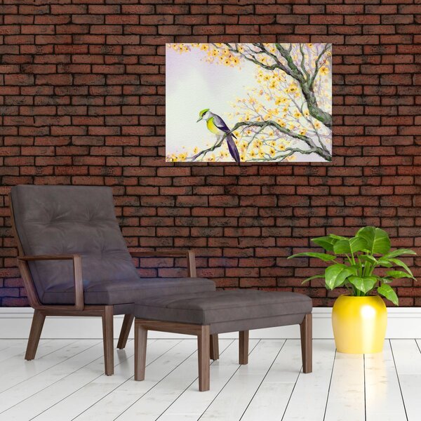 Obraz - Akvarelový vtáčik na strome (70x50 cm)