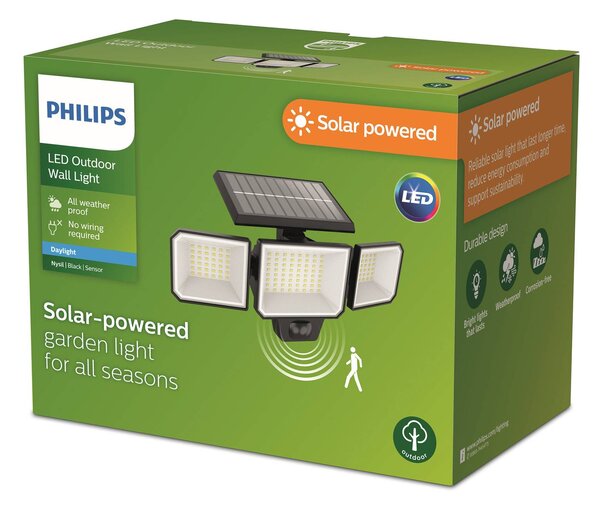 Philips LED solárne nástenné svetlo Nysil, 3-pl., senzor, Čierna, Plast, Moderný, Solárne svietidlá