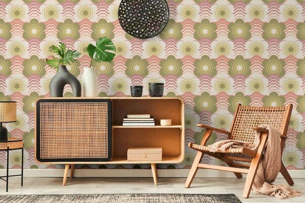 A.S. Création | Vliesová tapeta na stenu Retro Chic 39539-1 | 0,53 x 8,5 m | zelená, ružová, krémová