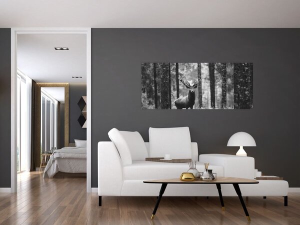 Obraz - Jeleň v lese 2, čiernobiela (120x50 cm)
