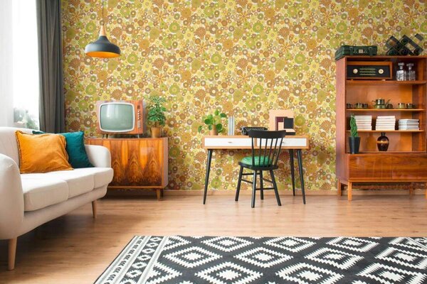 A.S. Création | Vliesová tapeta na stenu Retro Chic 39535-5 | 0,53 x 8,5 m | biela, žltá, zelená, oranžová, hnedá, viacfarebná