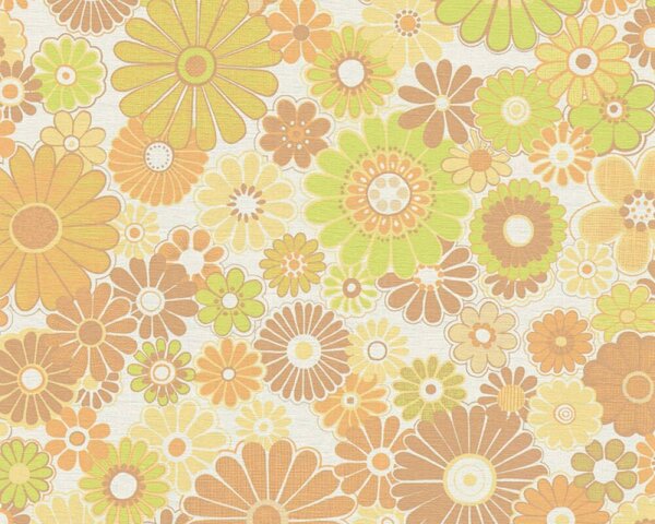 A.S. Création | Vliesová tapeta na stenu Retro Chic 39535-5 | 0,53 x 8,5 m | biela, žltá, zelená, oranžová, hnedá, viacfarebná