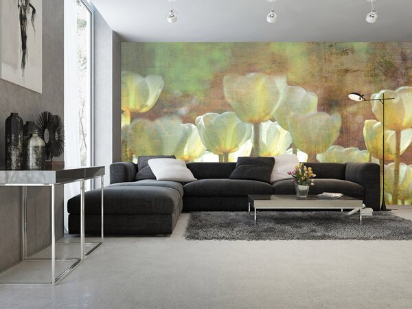 DIMEX | Vliesové fototapety na stenu Astrakt biele tulipány MS-5-0385 | 375 x 250 cm | zelená, biela, žltá, viacfarebná