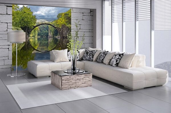 DIMEX | Vliesová fototapeta na stenu Krajina s oblúkovým mostom MS-3-0060 | 225 x 250 cm | zelená, modrá, šedá