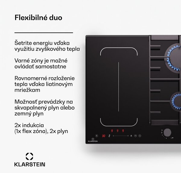 Klarstein MultiChef 4, indukčné a plynové varná doska, 4 varné zóny, 2 plynové horáky, 2 indukčné varné dosky, FlexZone