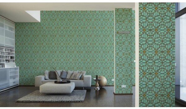A.S. Création | Vliesová tapeta na stenu Versace 37049-7 | 0,70 x 10,05 m | zelená, zlatá, šedá, metalická