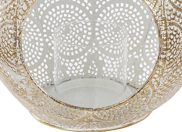 Lampáš zlatý kovový 33 cm so skleneným držiakom na sviečku orientálny ozdobný boho