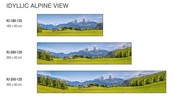 DIMEX | Fototapeta do kuchyne Pohľad na Alpy KI-180-135 | 180 x 60 cm | zelená, modrá, biela, hnedá