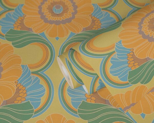 A.S. Création | Vliesová tapeta na stenu Retro Chic 39530-1V | 0,53 x 8,5 m | oranžová, zelená, modrá, fialová, viacfarebná