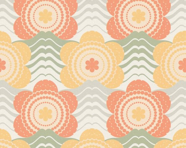 A.S. Création | Vliesová tapeta na stenu Retro Chic 39539-4 | 0,53 x 8,5 m | krémová, žltá, oranžová, zelená, viacfarebná