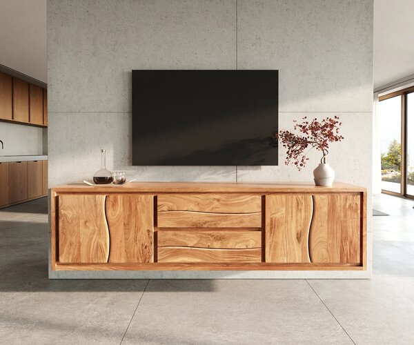 DELIFE TV stolík Live-Edge 200 cm akácia prírodná 4 dvierka 2 zásuvky závesný