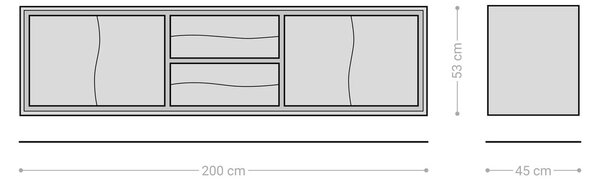 DELIFE TV stolík Live-Edge 200 cm akácia prírodná 4 dvierka 2 zásuvky závesný