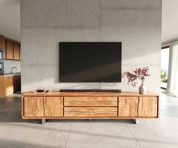DELIFE TV stolík Live-Edge 300 cm akácia prírodná 4 dvierka 2 zásuvky