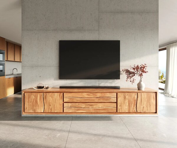 DELIFE TV stolík Live-Edge 300 cm akácia prírodná 4 dvierka 2 zásuvky závesný