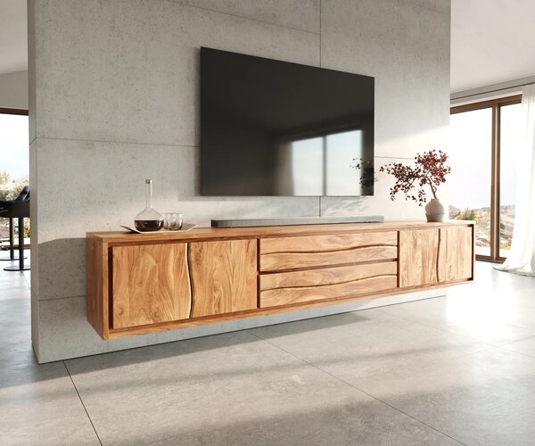 DELIFE TV stolík Live-Edge 300 cm akácia prírodná 4 dvierka 2 zásuvky závesný