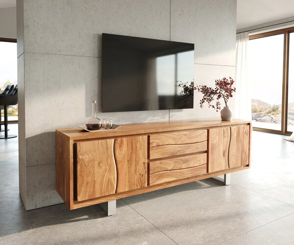 DELIFE TV stolík Live-Edge 200 cm akácia prírodná 4 dvierka 2 zásuvky