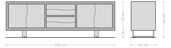 DELIFE TV stolík Live-Edge 200 cm akácia prírodná 4 dvierka 2 zásuvky