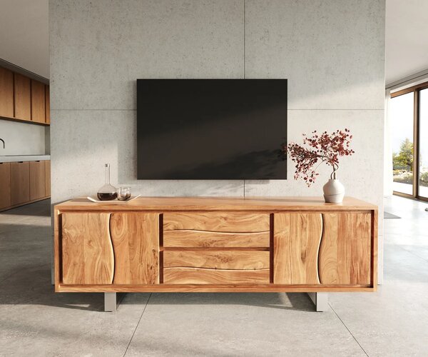 DELIFE TV stolík Live-Edge 200 cm akácia prírodná 4 dvierka 2 zásuvky