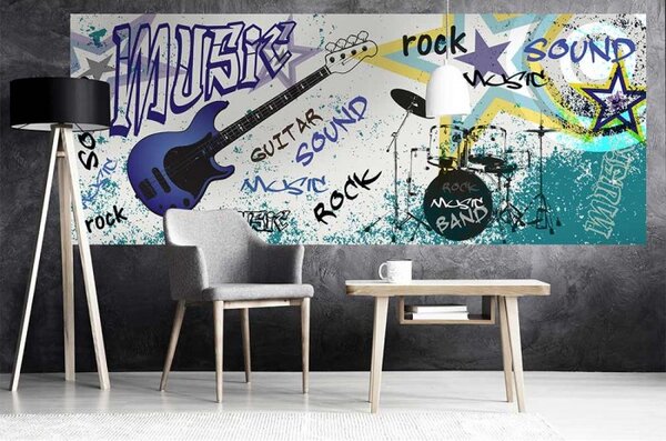 DIMEX | Panoramatická vliesová fototapeta na stenu Modrá gitara MP-2-0323 | 375 x 150 cm | modrá, tyrkysová, čierna, žltá