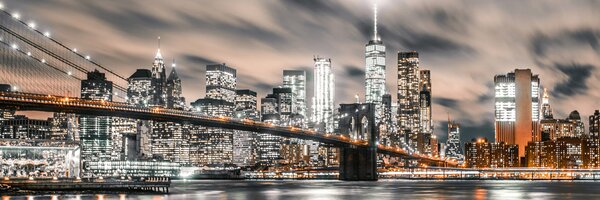 DIMEX | Fototapeta do kuchyne Manhattan v noci KI-180-117 | 180 x 60 cm | čierna, oranžová, šedá