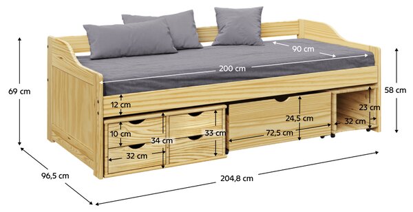 KONDELA Posteľ s úložným priestorom, prírodná, masív, 90x200, MAXI NEW