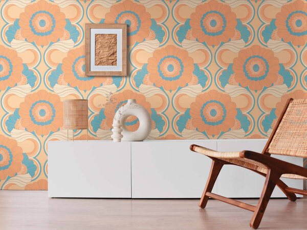 A.S. Création | Vliesová tapeta na stenu Retro Chic 39530-2 | 0,53 x 8,5 m | oranžová, modrá, krémová, marhuľová, viacfarebná