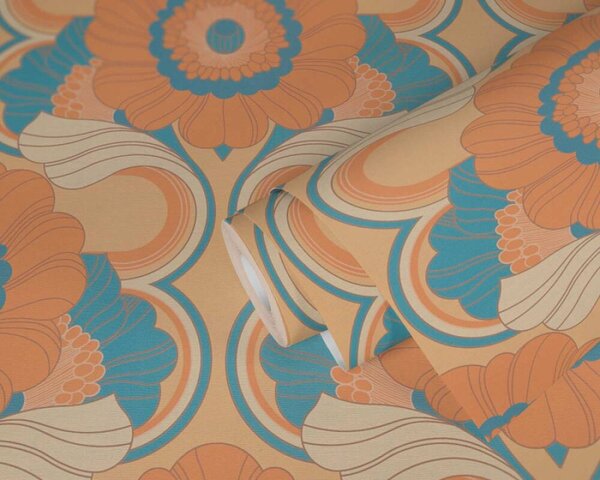 A.S. Création | Vliesová tapeta na stenu Retro Chic 39530-2 | 0,53 x 8,5 m | oranžová, modrá, krémová, marhuľová, viacfarebná