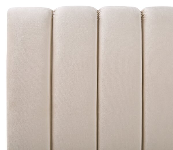 Čalúnená posteľ béžová zamatová 160 x 200 cm lamelový rošt vysoké čelo elegantný dizajn spálňa