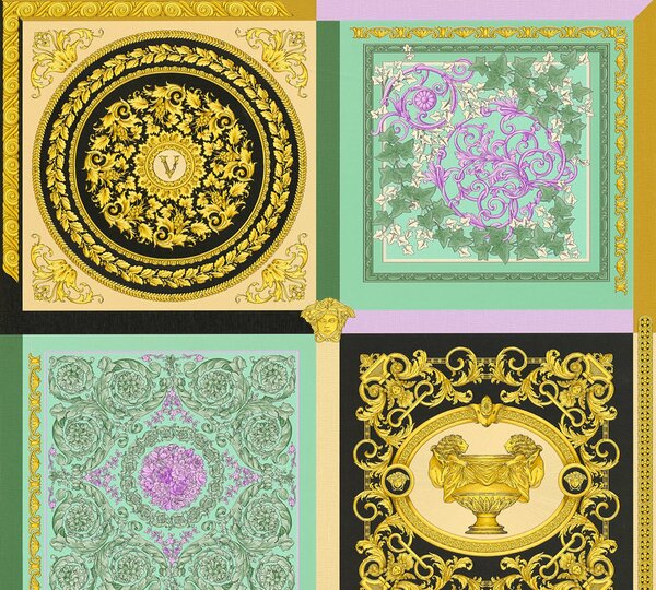 A.S. Création | Vliesová tapeta na stenu VERSACE 38704-1 | 0,70 x 10,05 m | zelená, čierna, žltá