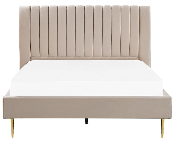 Čalúnená posteľ béžová zamatová 160 x 200 cm lamelový rošt vysoké čelo elegantný dizajn spálňa