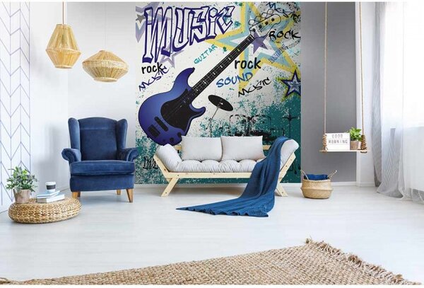 DIMEX | Vliesová fototapeta na stenu Modrá gitara MS-3-0323 | 225 x 250 cm | modrá, tyrkysová, čierna, žltá