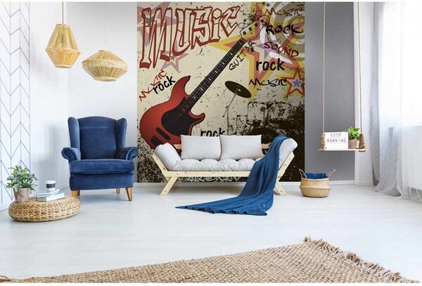 DIMEX | Vliesová fototapeta na stenu Červená gitara MS-3-0324 | 225 x 250 cm | červená, hnedá, žltá, čierna