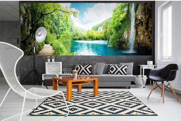 DIMEX | Panoramatická vliesová fototapeta na stenu Relax v lese MP-2-0085 | 375 x 150 cm | zelená, modrá, biela, béžová