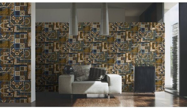 A.S. Création | Vliesová tapeta na stenu Versace 37048-1 | 0,70 x 10,05 m | modrá, biela, zlatá, šedá, čierna