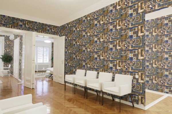 A.S. Création | Vliesová tapeta na stenu Versace 37048-1 | 0,70 x 10,05 m | modrá, biela, zlatá, šedá, čierna