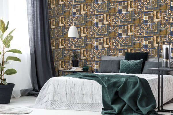 A.S. Création | Vliesová tapeta na stenu Versace 37048-1 | 0,70 x 10,05 m | modrá, biela, zlatá, šedá, čierna